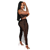 Solid Grid Mesh See Through Spaghetti Strap Crop Top+Long Skirts+Underpants 3 Piece Bikini Set WSM-5251