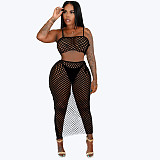Solid Grid Mesh See Through Spaghetti Strap Crop Top+Long Skirts+Underpants 3 Piece Bikini Set WSM-5251