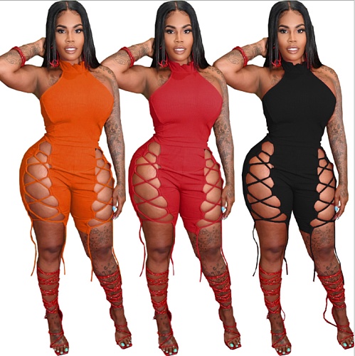Hot Style Summer Women Solid Color Sleeveless Halter Hollow Out O-Neck Night Club Party Bandage Rompers FNN-8611