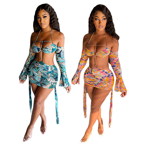 2021 New Sexy Print Off Shoulder Flare Long Sleeve Backless Halter Bandage Cut Out Bodycon Club Women Dresses DY-6659