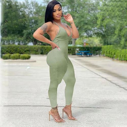 Sexy Summer Women Elegant Streetwear Solid V-Neck Halter Backless High Elastic Bodycon Fitness Jumpsuit RS-7181