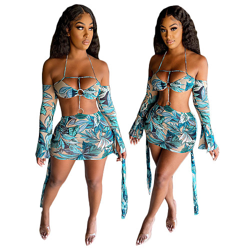 2021 New Sexy Print Off Shoulder Flare Long Sleeve Backless Halter Bandage Cut Out Bodycon Club Women Dresses DY-6659