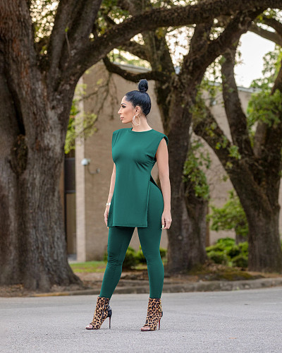 Casual Solid Color Women Lounge Wear Side Slit T-shirt Top Leggings Bodycon Joggings Two Piece Set OY-6288