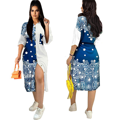 Summer New Style Plus Size Women's Fashion Color Contrast Print Patchwork Single Breasted Buttons Shirt Dress LS-0351