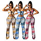 Fashion Women Tie Dye Print Tie Up Halter Camisole Crop Top Fitness Pants Streetwear Two Piece Set DY-6985