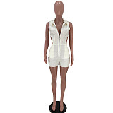 Summer Sexy Streetwear Sleeveless Zipper Turn Down Collar Hollow Out Backless Bodycon Rompers SHIA-6057