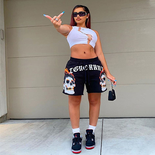 Plus Size 2021 Summer Streetwear Women Print Pattern Drawstring Biker Baggy Pocket Sweat Shorts OINGS-51007