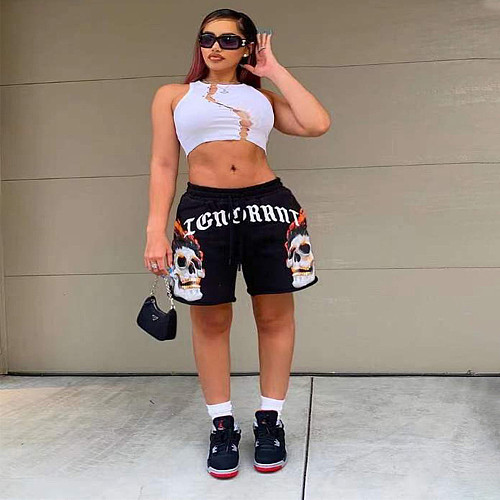 Plus Size 2021 Summer Streetwear Women Print Pattern Drawstring Biker Baggy Pocket Sweat Shorts OINGS-51007