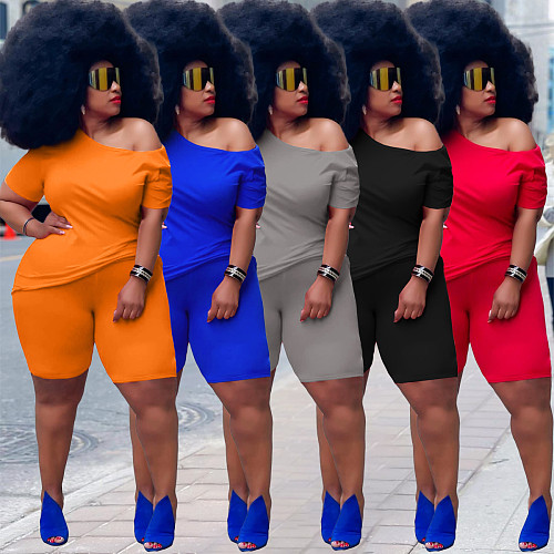 Summer Solid Color Sportswear Fitness Short Sleeve O Neck T-Shirts+Shorts Womens Plus Size Two Piece Set WA-7187