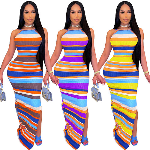 Sexy Striped Beach Halter Backless Sleeveless High Waist Side Slit Women's Bodycon Thin Maxi Dress BER-8076