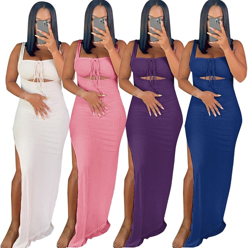 Sexy Solid Color Hollow Out Design Side Split Sleeveless Party Club Bandage Summer Women Long Dress OINGS-51005