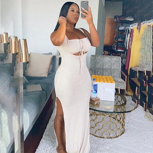 Sexy Solid Color Hollow Out Design Side Split Sleeveless Party Club Bandage Summer Women Long Dress OINGS-51005