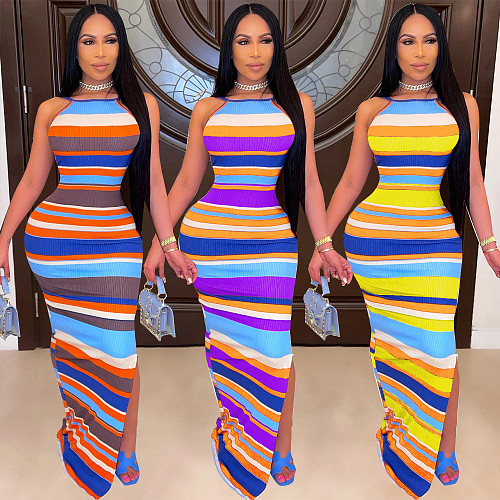 Sexy Striped Beach Halter Backless Sleeveless High Waist Side Slit Women's Bodycon Thin Maxi Dress BER-8076