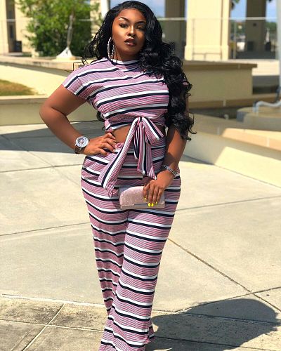 Fashion Striped Women Short Sleeve O Neck Crop Tops Wide Leg Pants Summer Plus Size Two Piece Matching Set XING-063