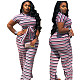 Fashion Striped Women Short Sleeve O Neck Crop Tops Wide Leg Pants Summer Plus Size Two Piece Matching Set XING-063