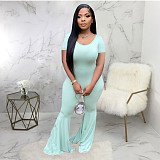 Summer Women Solid Color O-Neck Short Sleeve Classic Fashion Boot Cut Wide Leg Flare Jumpsuit ABL-6674