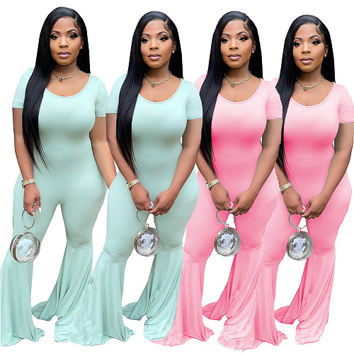 Summer Women Solid Color O-Neck Short Sleeve Classic Fashion Boot Cut Wide Leg Flare Jumpsuit ABL-6674
