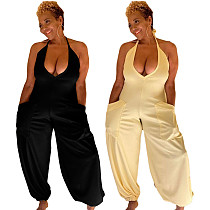 Summer Wide Leg Solid Color Sexy Sleeveless V-Neck Halter Women Casual Loose Pocket Jumpsuit ABL-6677
