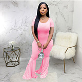 Summer Women Solid Color O-Neck Short Sleeve Classic Fashion Boot Cut Wide Leg Flare Jumpsuit ABL-6674