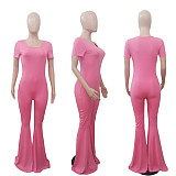 Summer Women Solid Color O-Neck Short Sleeve Classic Fashion Boot Cut Wide Leg Flare Jumpsuit ABL-6674