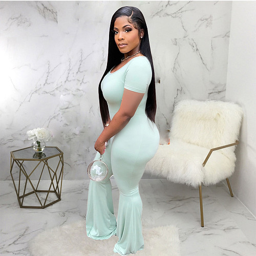 Summer Women Solid Color O-Neck Short Sleeve Classic Fashion Boot Cut Wide Leg Flare Jumpsuit ABL-6674