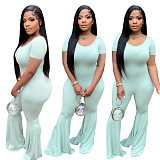 Summer Women Solid Color O-Neck Short Sleeve Classic Fashion Boot Cut Wide Leg Flare Jumpsuit ABL-6674