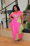 Plus Size Fashion Women's Clothing Contrast Color Printing Round Neck Short Sleeve Loose Long Dress TB-5285