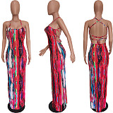 Women Sexy Tie Dye Backless Bodycon Backless High Slit Beach Vacation Maxi Dress BGN-148