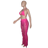 Halter Bra Mesh Ruffles Pants With Panties Beach 3 Piece Bikini Set SH-390114