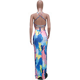 Women Sexy Tie Dye Backless Bodycon Backless High Slit Beach Vacation Maxi Dress BGN-148