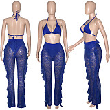 Halter Bra Mesh Ruffles Pants With Panties Beach 3 Piece Bikini Set SH-390114