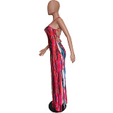 Women Sexy Tie Dye Backless Bodycon Backless High Slit Beach Vacation Maxi Dress BGN-148