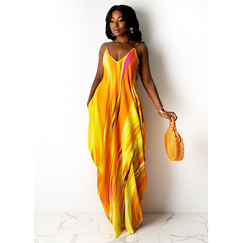 Sexy Fashion Streetwear Tie Dye Print Sleeveless Strap V-Neck Women Sundress Loose Maxi Dress CN-0130