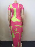 Plus Size Fashion Women's Clothing Contrast Color Printing Round Neck Short Sleeve Loose Long Dress TB-5285