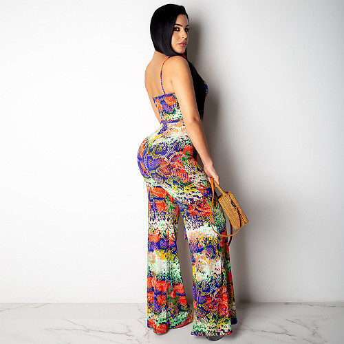 Women's Fashion Print Sleeveless Spaghetti Strap Bandage Thin Summer Wide Leg Jumpsuit SH-390120