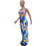 Women Sexy Tie Dye Backless Bodycon Backless High Slit Beach Vacation Maxi Dress BGN-148