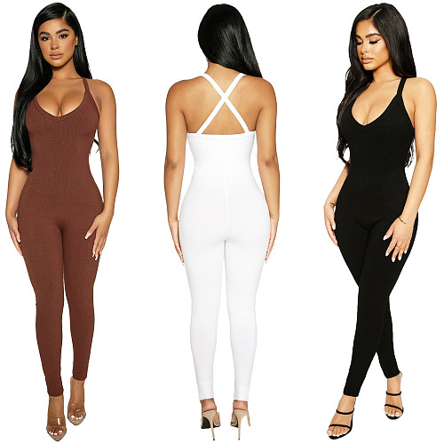 Ribbed Knitted Sexy Solid Color Halter Sleeveless Mid Waist Bodycon Fitness Womens Jumpsuit BGN-172