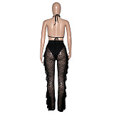 Halter Bra Mesh Ruffles Pants With Panties Beach 3 Piece Bikini Set SH-390114