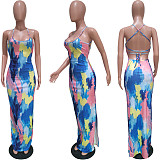 Women Sexy Tie Dye Backless Bodycon Backless High Slit Beach Vacation Maxi Dress BGN-148
