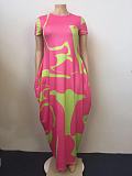 Plus Size Fashion Women's Clothing Contrast Color Printing Round Neck Short Sleeve Loose Long Dress TB-5285