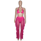 Halter Bra Mesh Ruffles Pants With Panties Beach 3 Piece Bikini Set SH-390114