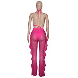 Halter Bra Mesh Ruffles Pants With Panties Beach 3 Piece Bikini Set SH-390114