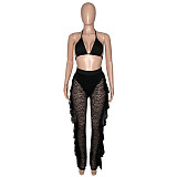 Halter Bra Mesh Ruffles Pants With Panties Beach 3 Piece Bikini Set SH-390114