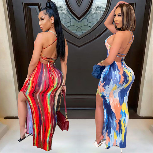 Women Sexy Tie Dye Backless Bodycon Backless High Slit Beach Vacation Maxi Dress BGN-148