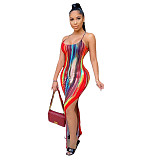 Women Sexy Tie Dye Backless Bodycon Backless High Slit Beach Vacation Maxi Dress BGN-148