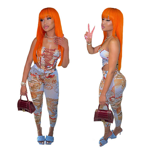 Sexy Women Print Off Shoulder Sleeveless Bandage Crop Tops Leggings Pant Two Piece Matching Set XING-065
