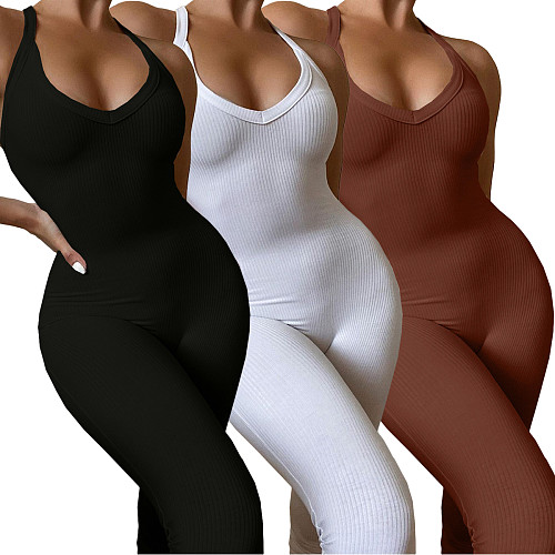 Ribbed Knitted Sexy Solid Color Halter Sleeveless Mid Waist Bodycon Fitness Womens Jumpsuit BGN-172
