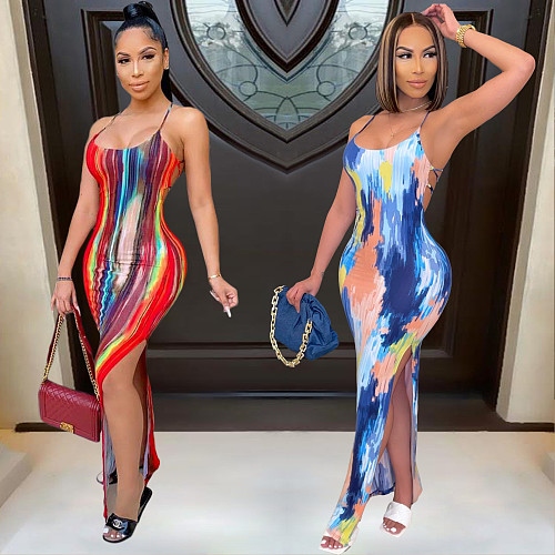Women Sexy Tie Dye Backless Bodycon Backless High Slit Beach Vacation Maxi Dress BGN-148