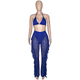Halter Bra Mesh Ruffles Pants With Panties Beach 3 Piece Bikini Set SH-390114