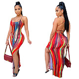 Women Sexy Tie Dye Backless Bodycon Backless High Slit Beach Vacation Maxi Dress BGN-148